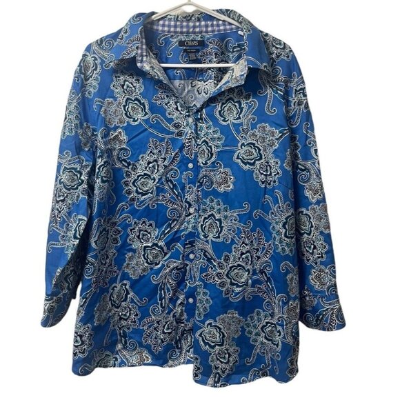 Chaps Womens  Blue Paisley Floral No Iron Button Up Shirt 2X Roll Sleeve Classic - Picture 1 of 9